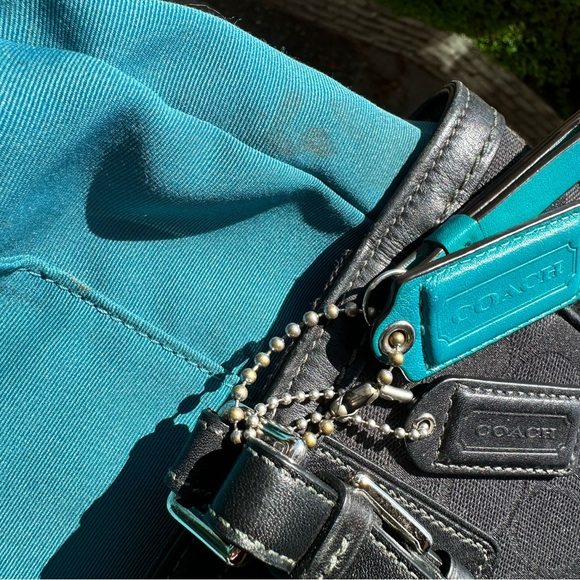 Coach Leatherware 2005 Vintage Signature Jacquard Black Handbag Teal Stitching - Picture 14 of 16